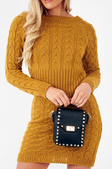 Mustard Cable Knit Jumper Midi Dress - Jaylie-Dresses