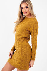 Mustard Cable Knit Jumper Midi Dress - Jaylie-Dresses