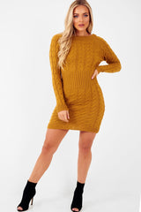 Mustard Cable Knit Jumper Midi Dress - Jaylie-Dresses