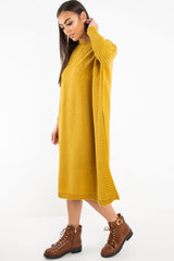 Mustard Cable Knit Side Split Jumper Dress - Maniya-Dresses