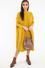 Mustard Cable Knit Side Split Jumper Dress - Maniya-Dresses