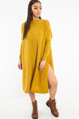 Mustard Cable Knit Side Split Jumper Dress - Maniya-Dresses