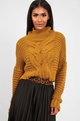 Mustard Cable Knit Sleeve Detail Jumper - Miyonna-Jumper