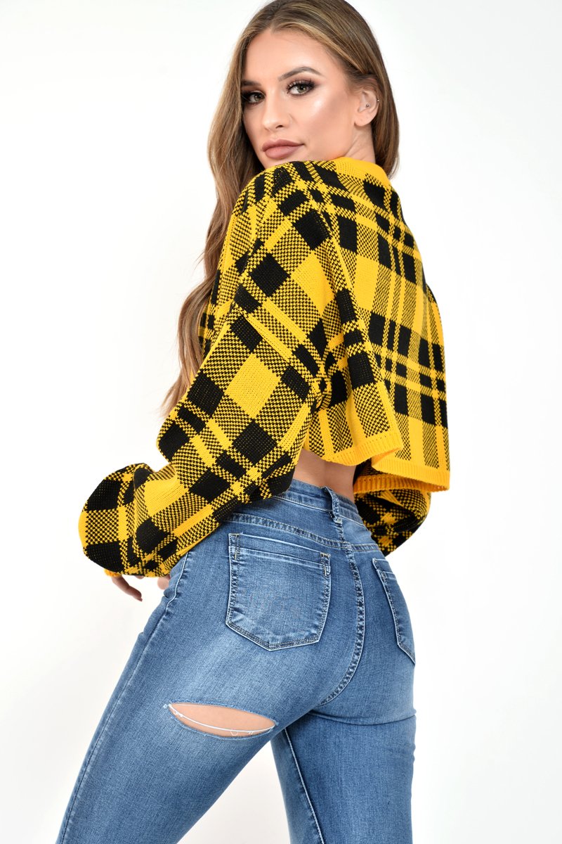 Mustard Check Batwing Crop Knit Jumper - Marisa-Jumper