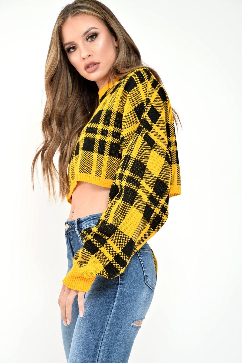 Mustard Check Batwing Crop Knit Jumper - Marisa-Jumper