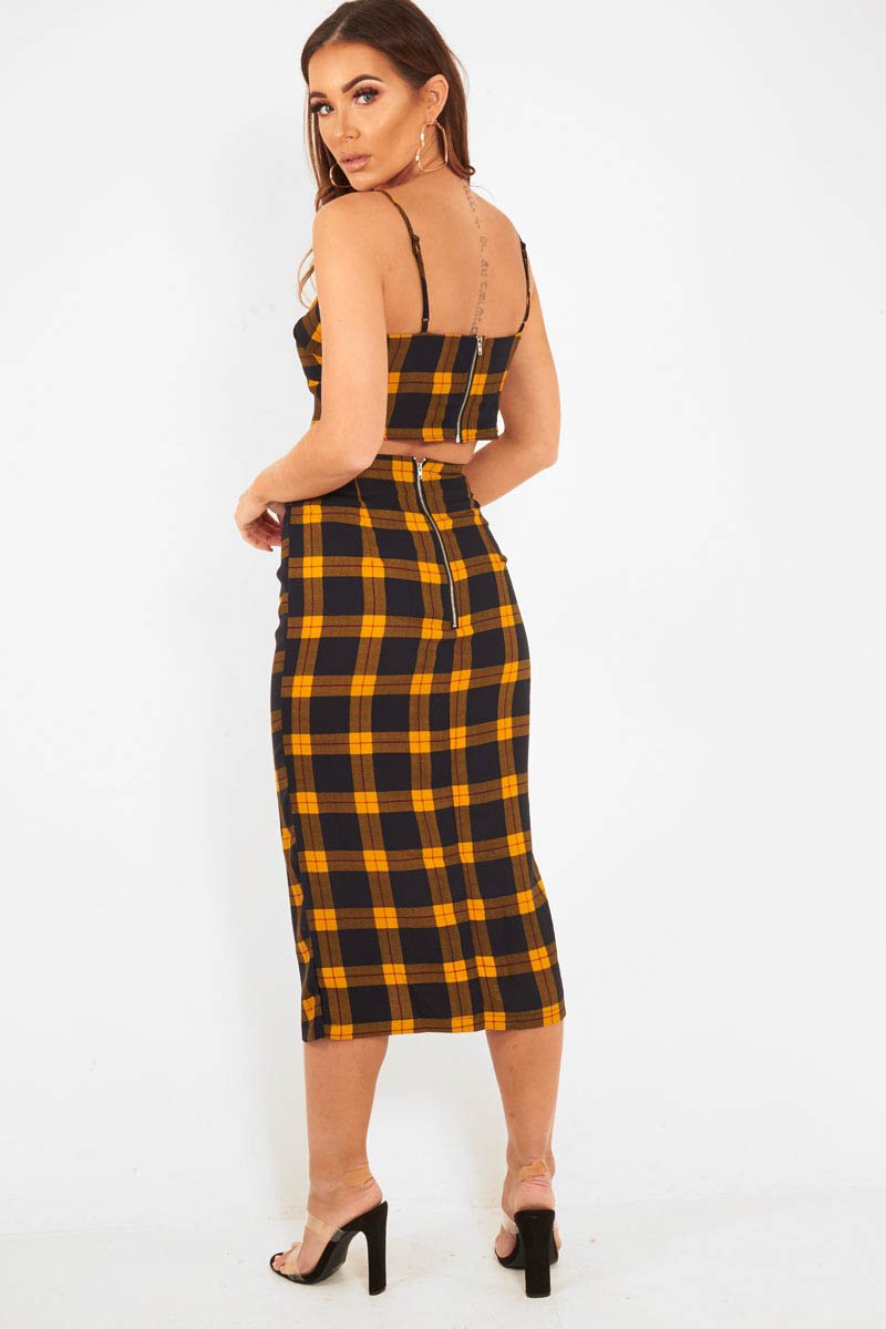 Mustard Check Bralet And Midi Skirt Co-ord - Caden-Co-ords