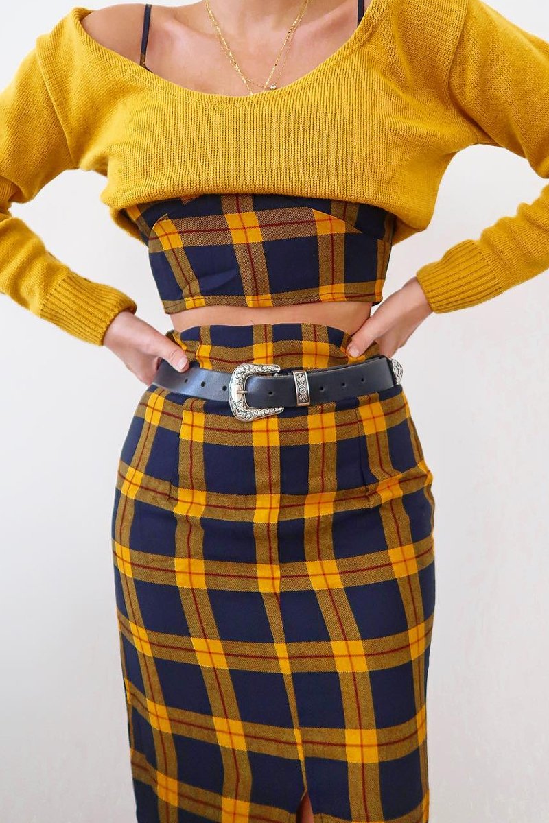 Mustard Check Bralet And Midi Skirt Co-ord - Caden-Co-ords