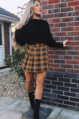 Mustard Check Button Front Pleated Skirt - Laela-Skirts