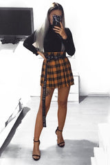 Mustard Check Button Front Pleated Skirt - Laela-Skirts