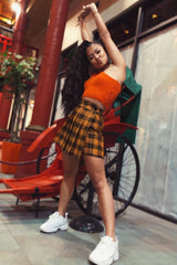 Mustard Check Button Front Pleated Skirt - Laela-Skirts