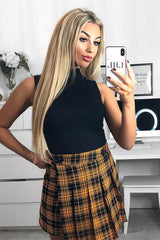 Mustard Check Button Front Pleated Skirt - Laela-Skirts