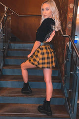 Mustard Check Button Front Pleated Skirt - Laela-Skirts