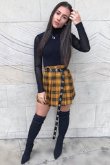 Mustard Check Button Front Pleated Skirt - Laela-Skirts