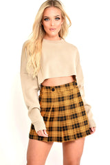Mustard Check Button Front Pleated Skirt - Laela-Skirts
