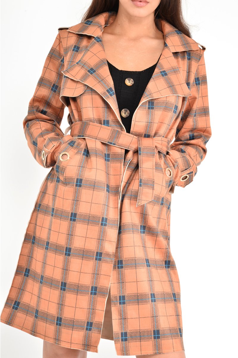 Mustard Check Faux Suede Eyelet Detail Trench Coat - Safiyya-Coats