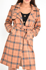 Mustard Check Faux Suede Eyelet Detail Trench Coat - Safiyya-Coats