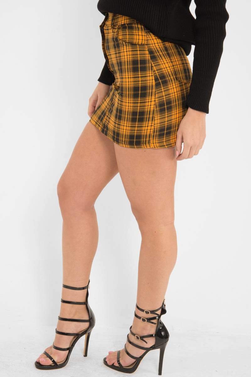 Mustard Check High Waist Mini Skirt - Lyra-Skirts