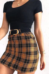 Mustard Check High Waist Mini Skirt - Lyra-Skirts