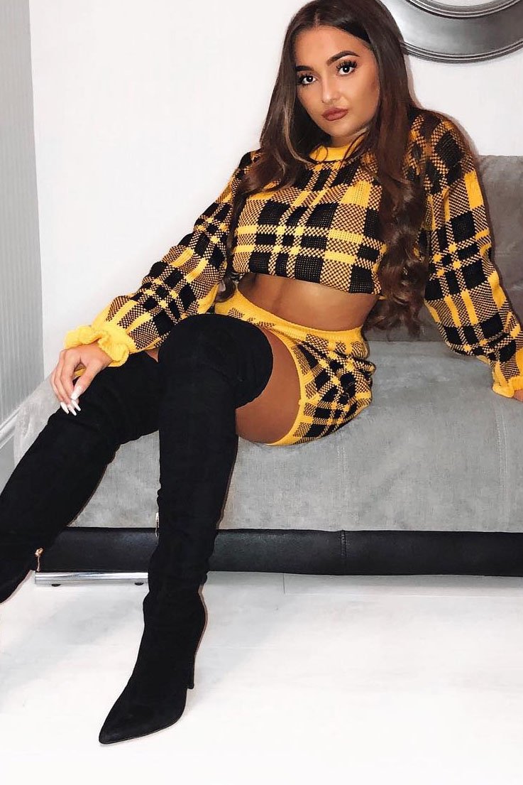 Mustard Check Knit Mini Skirt - Crissy-Skirts