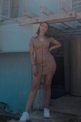 Mustard Check Plunge Zip Mini Dress - Arelys-Dresses