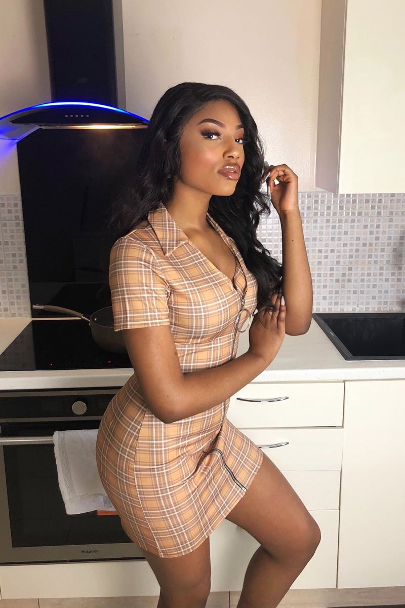 Mustard Check Plunge Zip Mini Dress - Arelys-Dresses