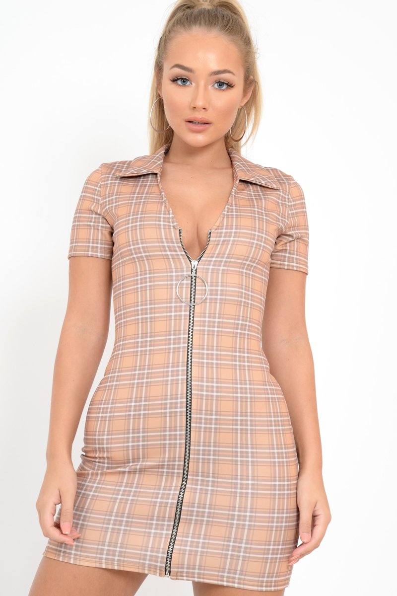 Mustard Check Plunge Zip Mini Dress - Arelys-Dresses