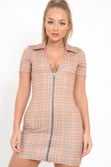 Mustard Check Plunge Zip Mini Dress - Arelys-Dresses