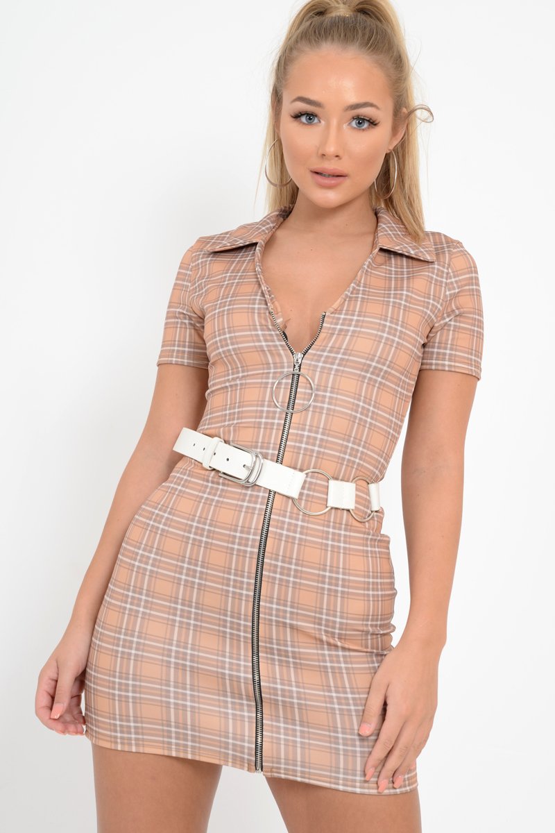 Mustard Check Plunge Zip Mini Dress - Arelys-Dresses