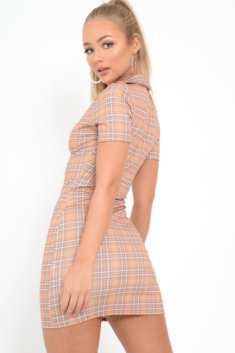 Mustard Check Plunge Zip Mini Dress - Arelys-Dresses