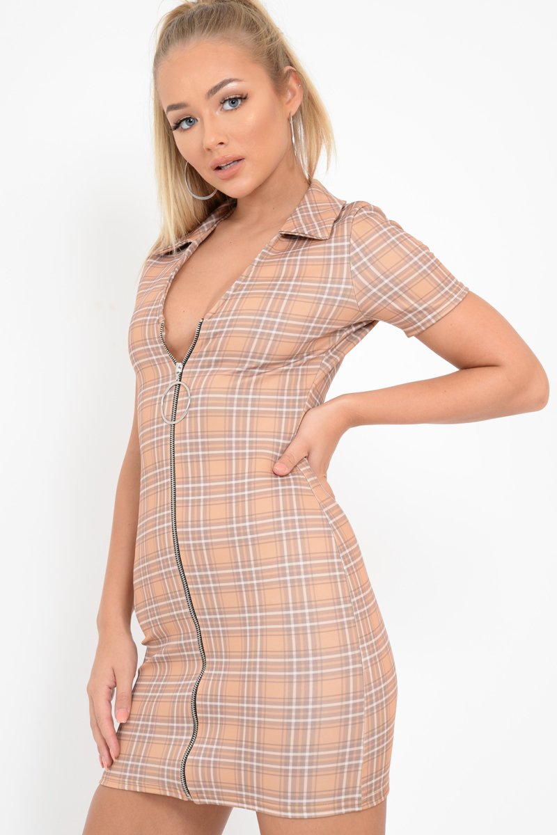 Mustard Check Plunge Zip Mini Dress - Arelys-Dresses