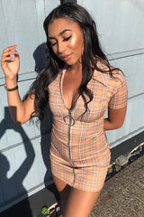 Mustard Check Plunge Zip Mini Dress - Arelys-Dresses