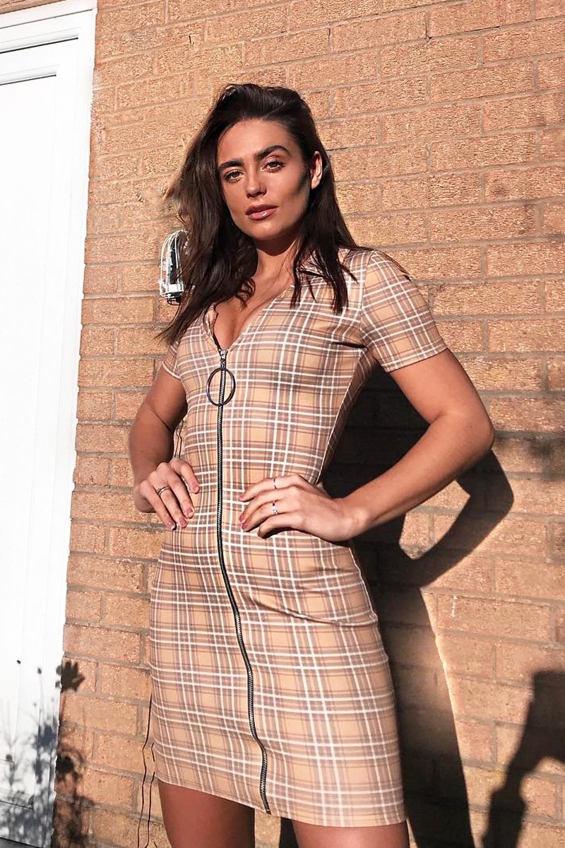 Mustard Check Plunge Zip Mini Dress - Arelys-Dresses