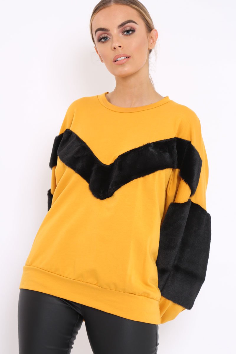 Mustard Chevron Fur Jumper - Lara-Tops