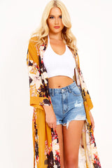 Mustard Chiffon Floral Kimono - Suriah-Kimono