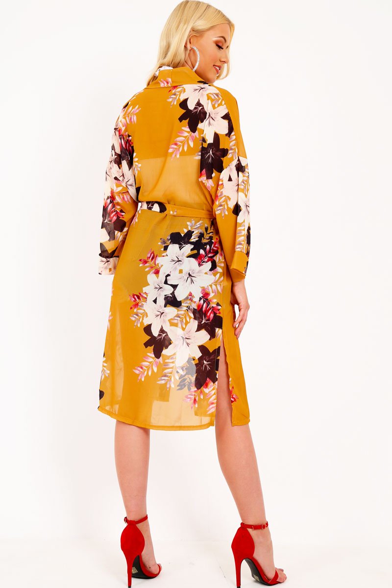 Mustard Chiffon Floral Kimono - Suriah-Kimono
