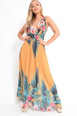 Mustard Chiffon Leaf Print Plunge Maxi Dress - Marlin-Dresses