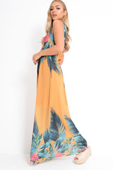 Mustard Chiffon Leaf Print Plunge Maxi Dress - Marlin-Dresses