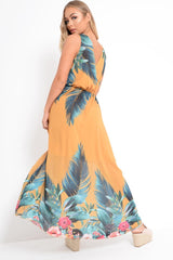 Mustard Chiffon Leaf Print Plunge Maxi Dress - Marlin-Dresses