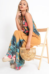 Mustard Chiffon Leaf Print Plunge Maxi Dress - Marlin-Dresses