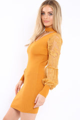 Mustard Choker Knit Midi Dress - Brittany-Dresses