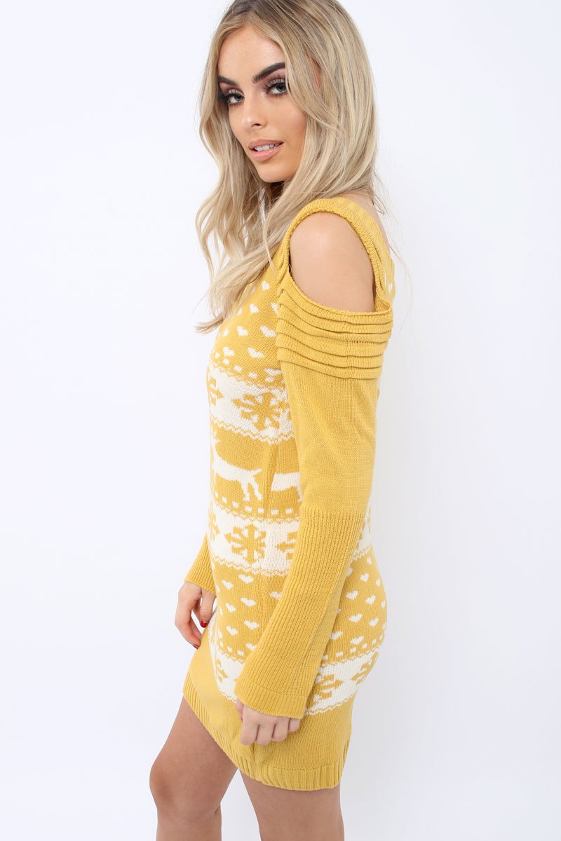 Mustard Christmas Print Jumper Dress - Kleo-Dresses