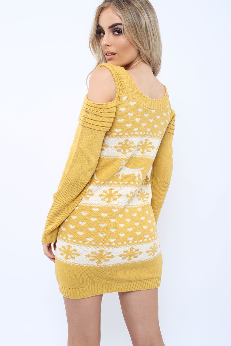 Mustard Christmas Print Jumper Dress - Kleo-Dresses