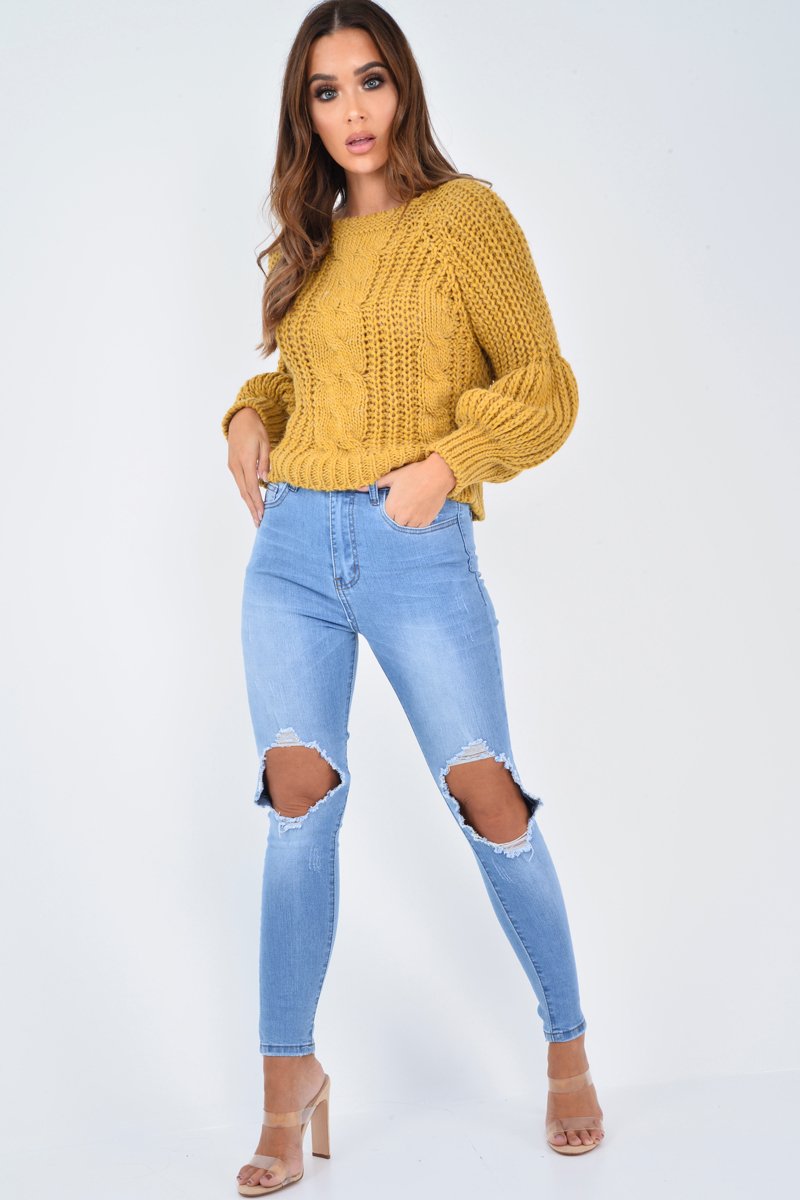 Mustard Chunky Knit Balloon Sleeve Jumper - Rielynn-Jumper