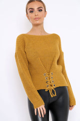 Mustard Chunky Knit Corset Waist Knitted Jumper - Mikayla-Jumper