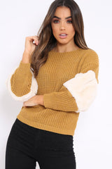Mustard Chunky Knit Cream Fur Sleeve Jumper - Kimberly-Knitwear