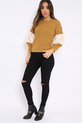 Mustard Chunky Knit Cream Fur Sleeve Jumper - Kimberly-Knitwear