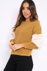 Mustard Chunky Knit Cream Fur Sleeve Jumper - Kimberly-Knitwear