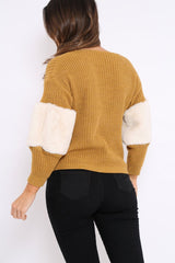 Mustard Chunky Knit Cream Fur Sleeve Jumper - Kimberly-Knitwear