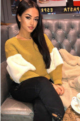 Mustard Chunky Knit Cream Fur Sleeve Jumper - Kimberly-Knitwear