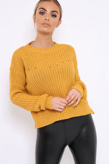 Mustard Chunky Knit Distressed Jumper - Bella-Jumper